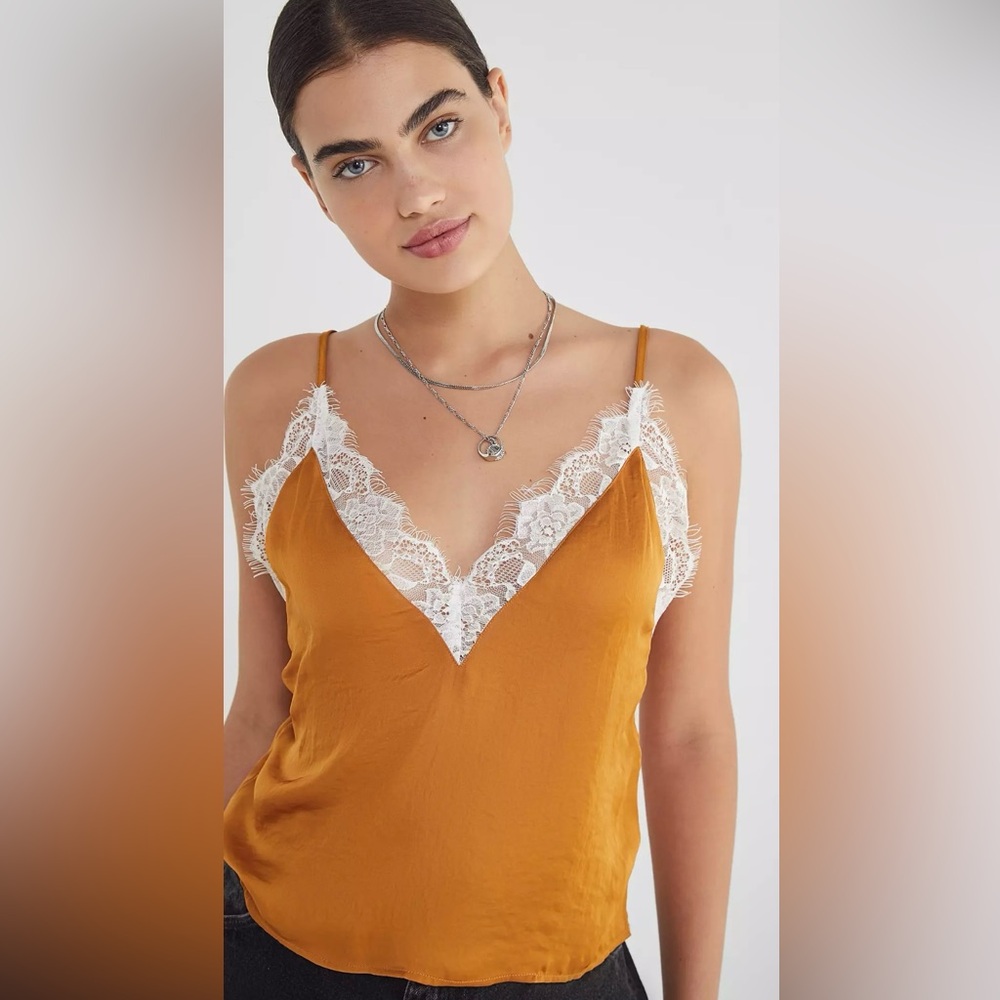 NWOT Urban Outfitters Terra Cotta Gold Rust Lace Trim Satin Cami